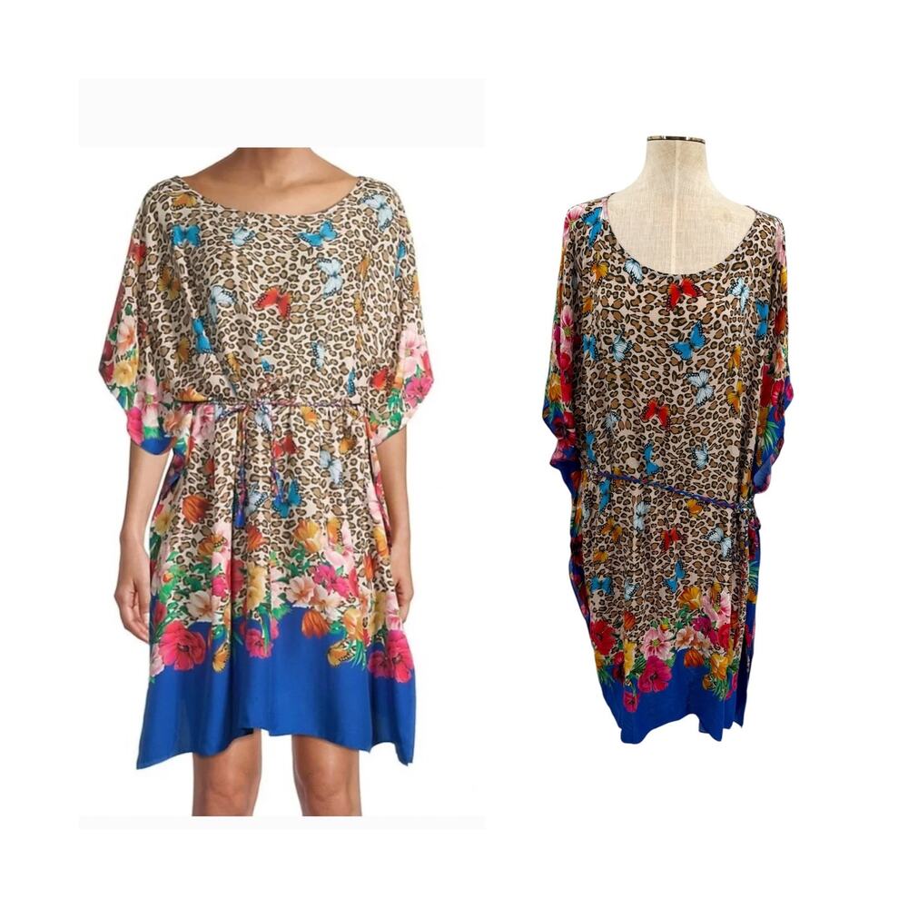 Johnny Was Fleur Butterfly‎ Leopard Floral Kaftan Dress Belted XL Boho Resort